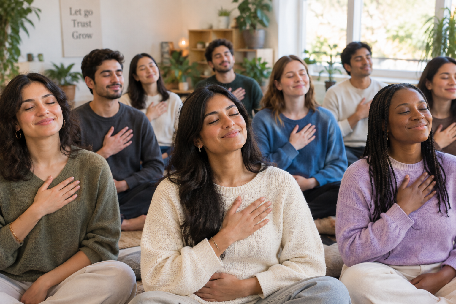 People practicing detachment with hands on their hearts and smiles on their faces
